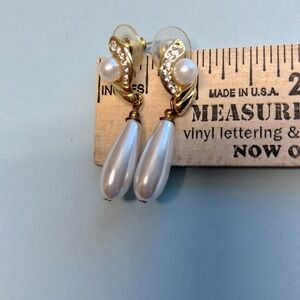 Vintage Pierced Faux Pearl Earrings with rhinestone and gold tones